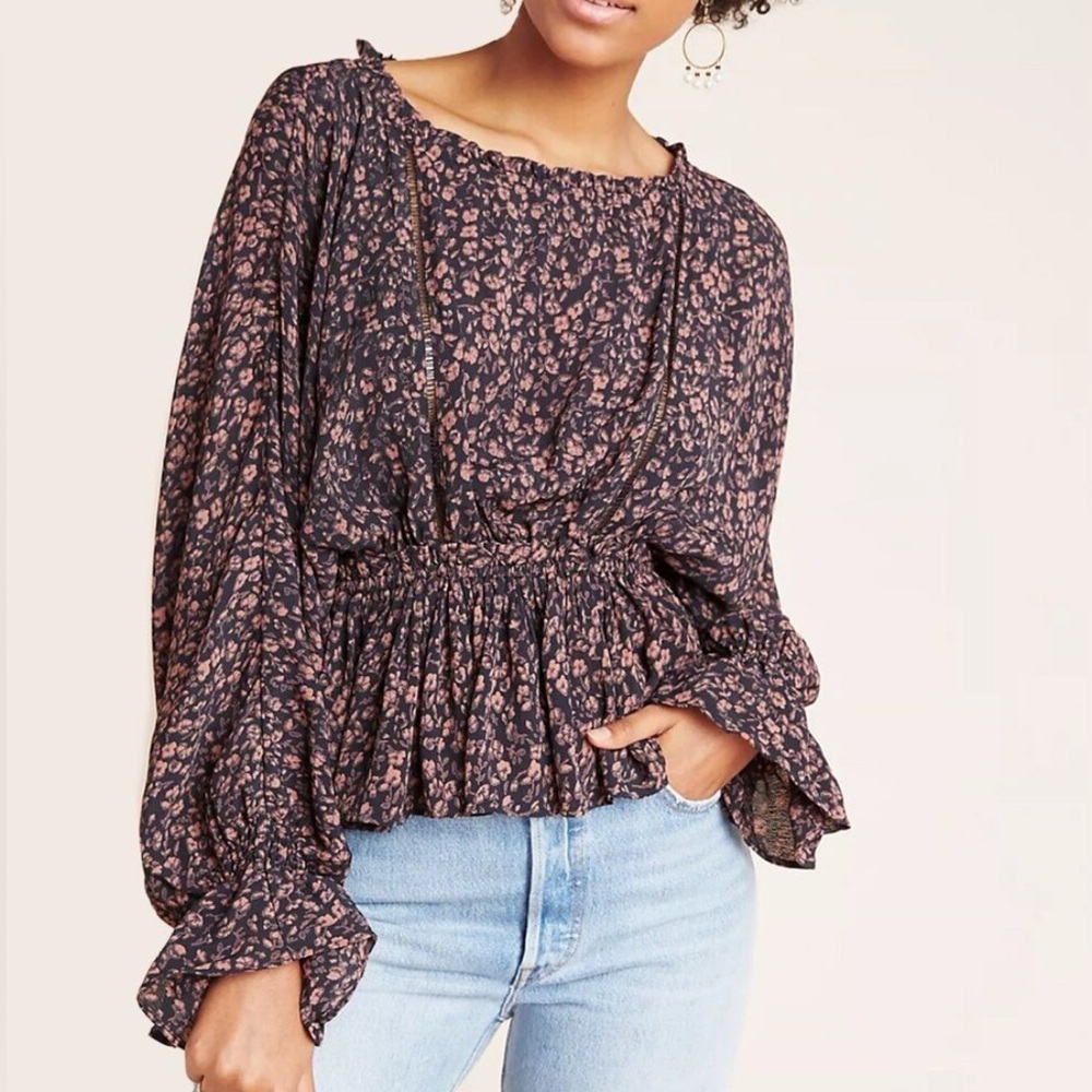 Anthropologie Size M Nichola Peplum Top Women Peasant Floral Balloon Long Sleeve